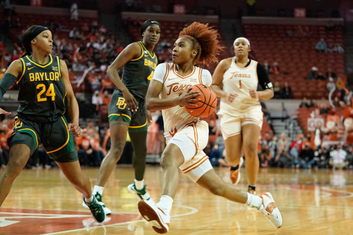 Feb 6, 2022; Austin, Texas, USA; Texas Longhorns guard Rori Harmon (3) drives to the basket against Baylor Lady Bears guard Sarah Andrews (24) during the first half at Frank C. Erwin Jr. Center. Mandatory Credit: Chris Jones-USA TODAY Sports